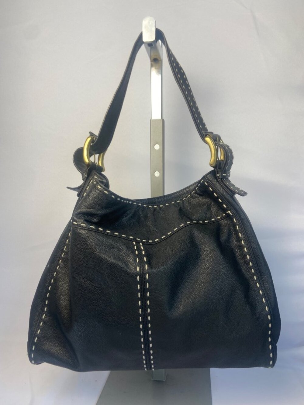 Antonio Melani Shoulder Bag Black Leather Hobo Purse Gold Hardware Classic Boho